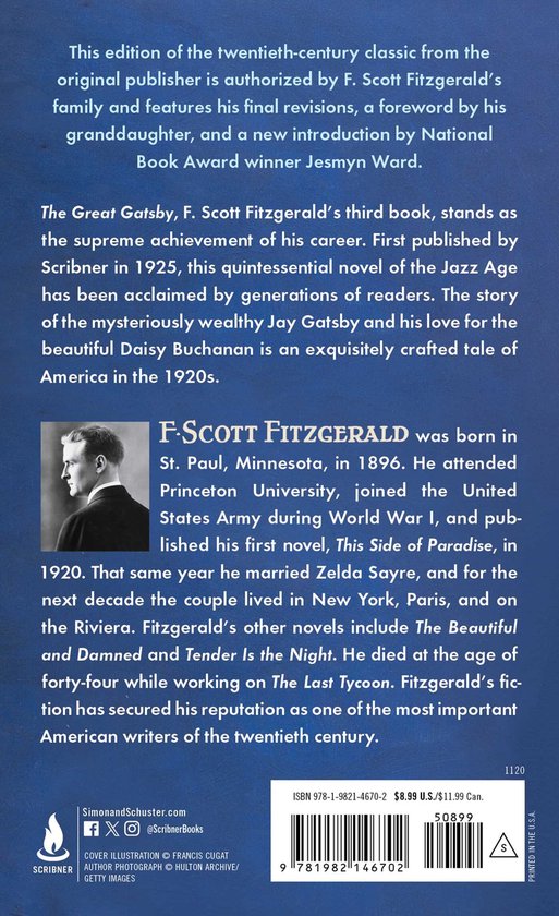 De achterflap van "The Great Gatsby" bevat een portret van F. Scott Fitzgerald, gevolgd door biografische tekst en uitgeversinformatie, inclusief ISBN en prijs.