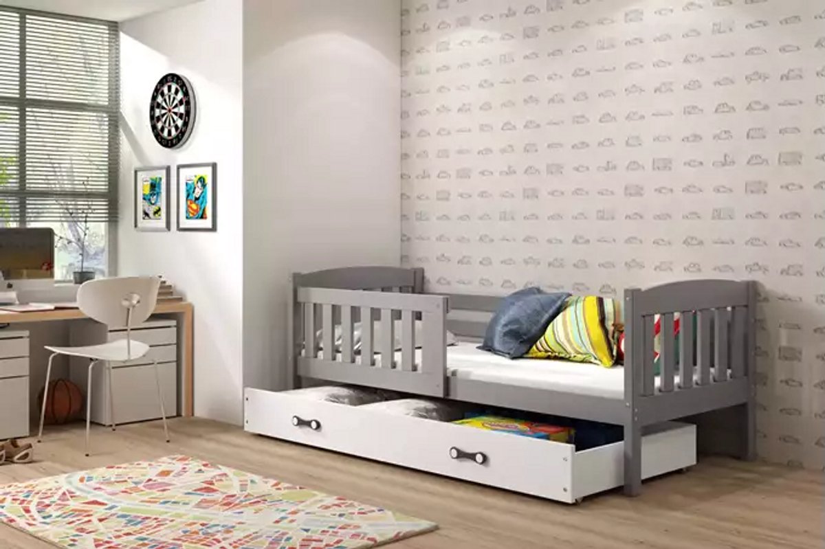 BMS - Kinderslaapbed - 80x160 cm - Grijs/Wit - Inclusief Matras en Lade