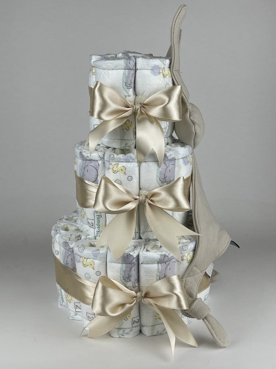 Chouette-Chouette | Luiertaart Neutraal | Kraamcadeau | Geboorte Jongen Meisje | Babyshower | Knuffeldoek Konijn Snoes Cream - Beige