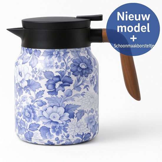 Thermos double paroi en acier inoxydable 1000 ml - Théière avec filtre - Chaud et froid - Pour la maison, le travail et les cadeaux - Fleurs bleues