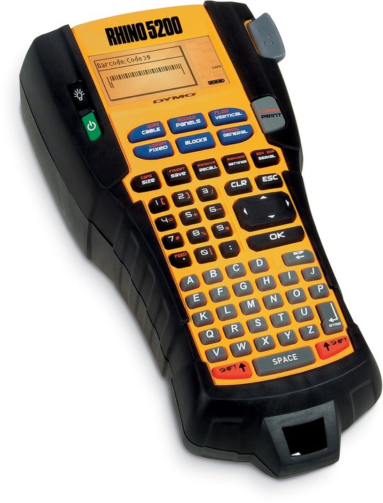 Een gele en zwarte DYMO Rhino 5200 labelprinter met een display en toetsenbord, op een witte achtergrond.