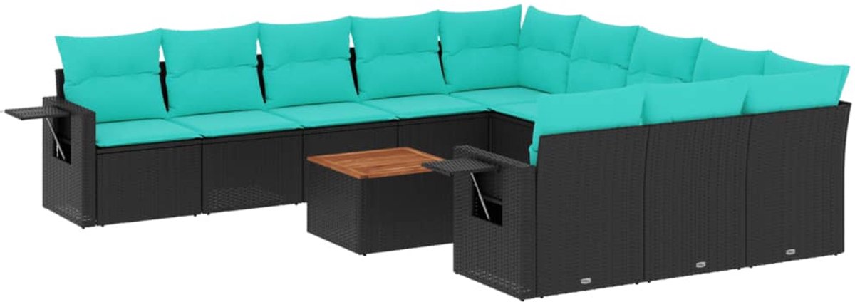vidaXL - 12-delige - tuinbankset - met - kussens - van - zwart - polyrotan