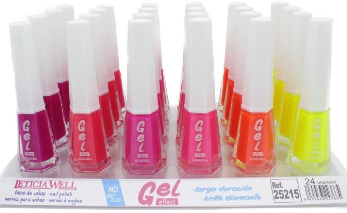 Leticia Well - Set met 6 Flesjes Nagellak - Gel Effect - Warm Donker Roze - RoodRoze - Roze - Fel Roze - Oranje - Geel - Inhoud per flesje 10 ml.