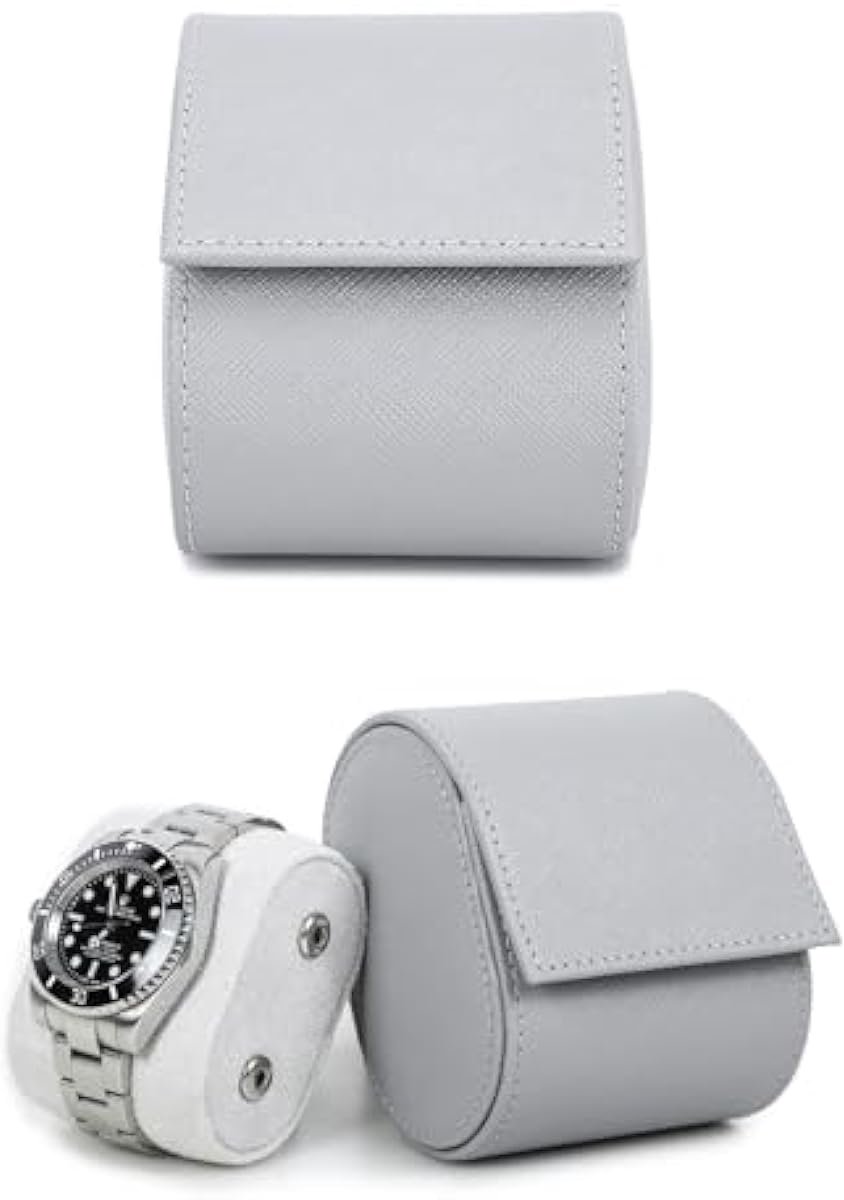 Opbergdoos van echt leer voor 1 horloge. Handgemaakt reishorloge van echt Saffiano leer. Draagbare doos met afneembare kussens. Bevestigingsontwerp met kliksysteem (grijs).