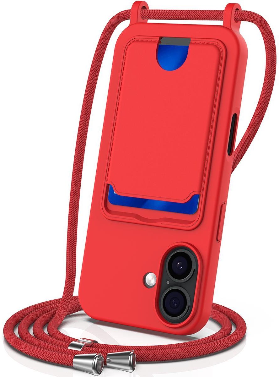 Mobigear Telefoonhoesje geschikt voor Apple iPhone 17 Siliconen met Kaarthouder | Mobigear Lanyard Card Hoesje met koord en Pasjeshouder | Kaarthouder voor 1 Pasje | hoesje met koord Telefoonhoesje voor Pinpas / OV Kaart / Rijbewijs - Rood
