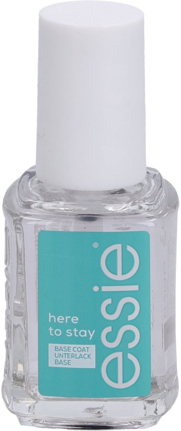 Essie here to stay base coat, heldere nagellak in een vierkant flesje met witte dop.