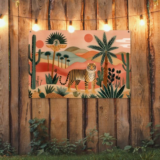 Tuinposter 120x80 cm - Tuindecoratie Tijger - Palmen - Cactus - Oranje - Poster voor in de tuin - Buiten decoratie - Schutting tuinschilderij - Tuindoek muurdecoratie - Wanddecoratie balkondoek