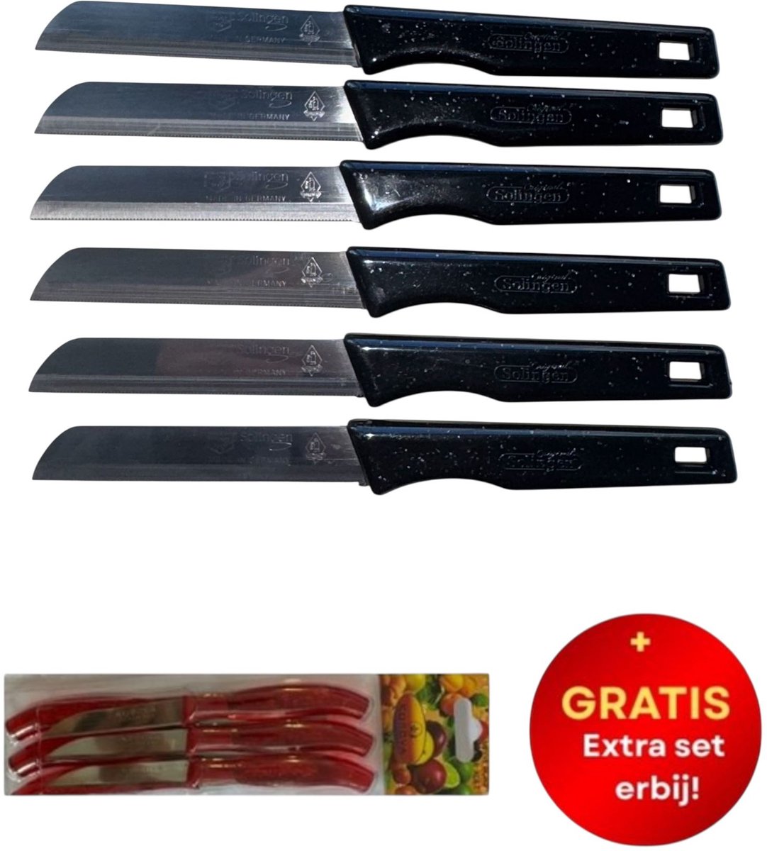 6 + 6 GRATIS! Solingen - Zwarte Messen - Vlijmscherp met Kartel + Gratis Kosova Messenset - Rood