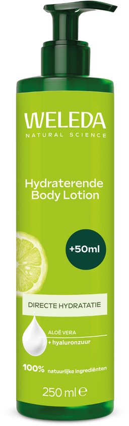Groene pompflacon Weleda Hydraterende Body Lotion met citroenschijf, aloë vera en hyaluronzuur. +50ml. 250 ml.