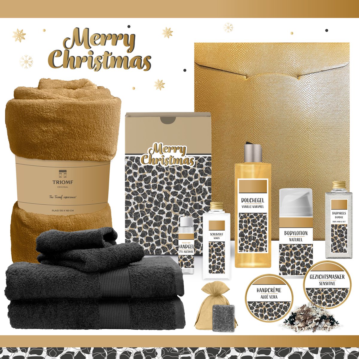 Geschenkset “Merry Christmas!” - 13 producten - 1910 gram | Luxe Kerst Cadeaubox voor haar - Wellness Pakket Vrouw - Giftset Fijne feestdagen Cadeaupakket Prettige Kerstdagen Kerstcadeau Kerstpakket Bedrijf Cadeau Relatiegeschenk Gift Set Zwart Goud
