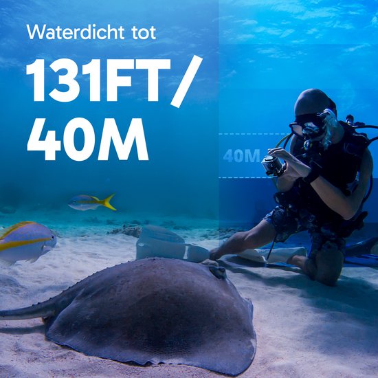 Onderwaterwereld met een duiker die een camera vasthoudt op 40 meter diepte. Een rog en vissen zwemmen rond.