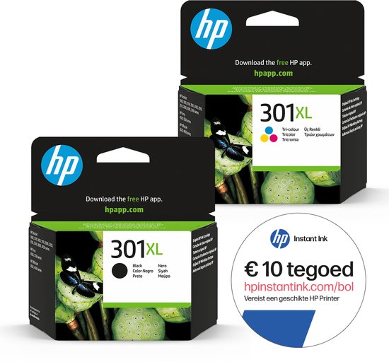 HP 301XL zwarte en driekleurige inktcartridges met afbeeldingen van bloemen en vlinders.