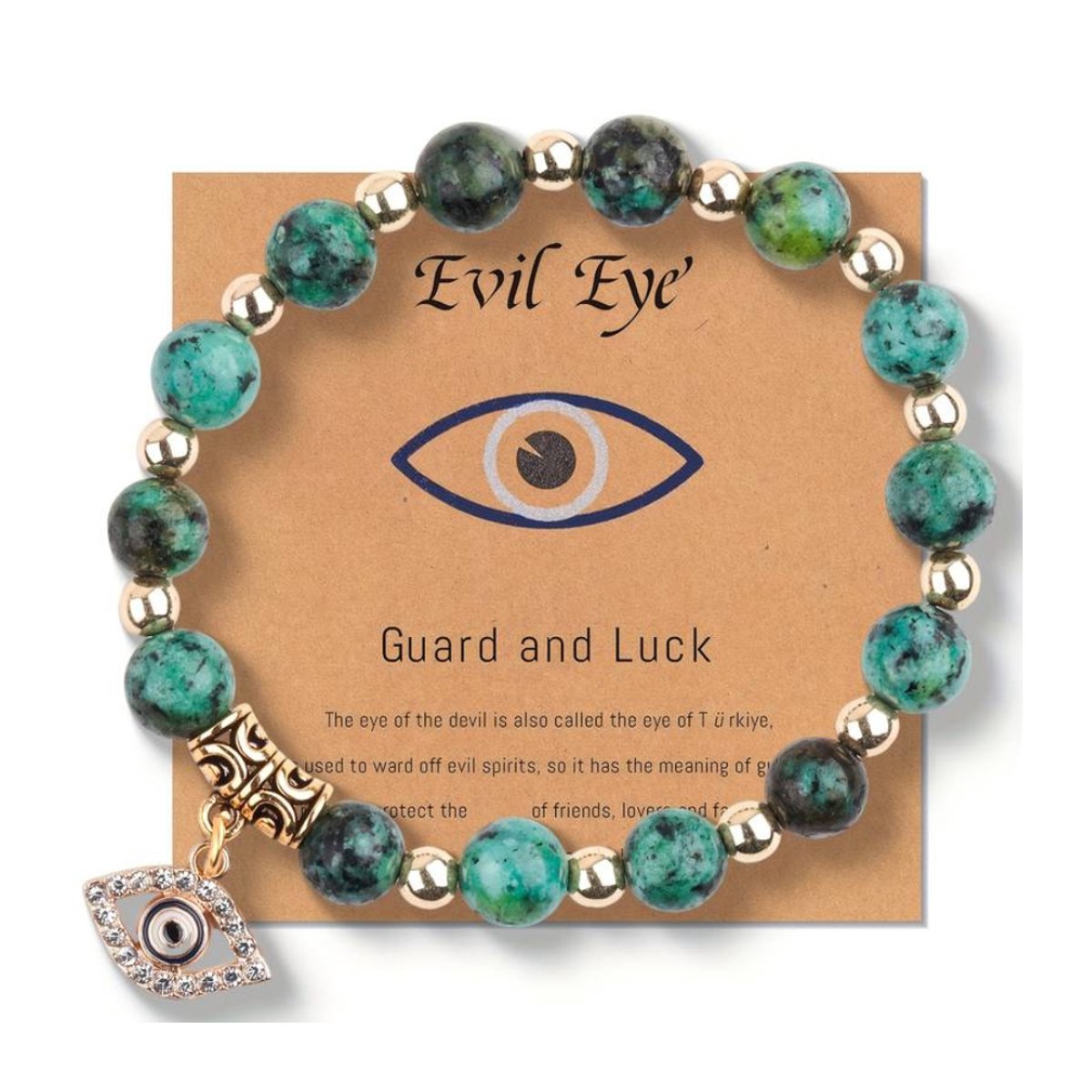Bescherm Eye Armband - Natuursteen - Groen en Zwarte Kralen - Bescherming & Geluk - Handgemaakt - One Size - Dames