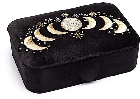 Sieraden / tarotdoos fluweel zwart met maanfasen – 11 cm x 15.5 cm x 5 cm