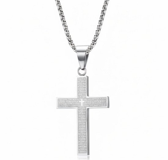 Collier croix en acier inoxydable – Gravé du Notre Père – Couleur argent – ​​60 cm