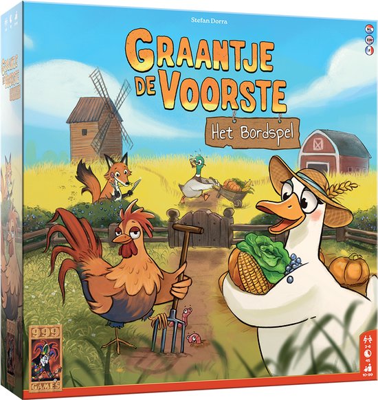 Doos 'Graantje de Voorste' met kip, gans, molen, boerderij en vos.