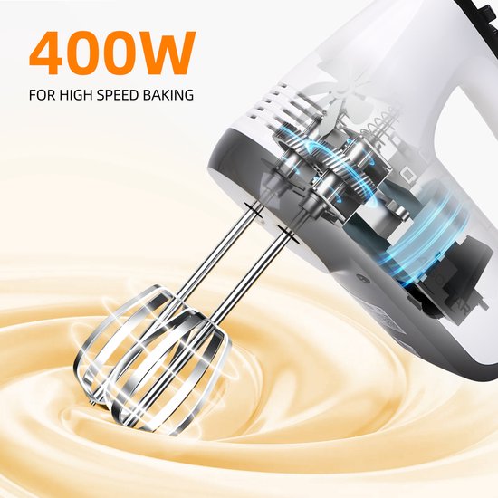 Aigostar Pudding 30XMJ - Handmixer - 6 snelheden en turbofunctie - Opslagbasis - Kloppers & Deeghaken & Garde - Mixer - 400W - RVS - Wit van Aigostar — afbeelding 5