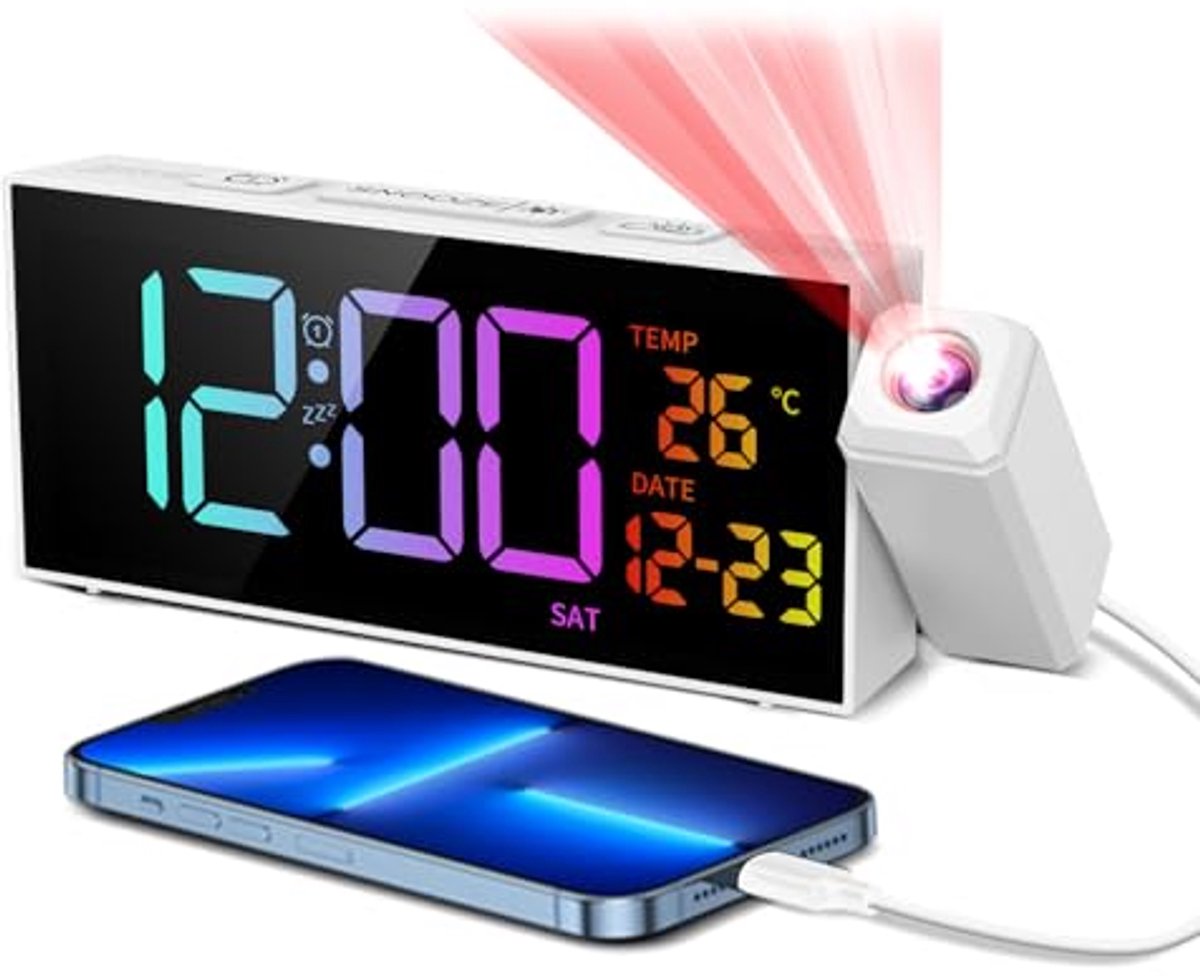 Digitale wekker met projectie en RGB-display – Thermometer, datum, snooze, 10 beltonen