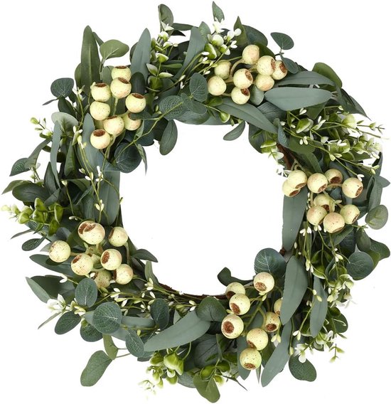 46 cm krans voor de huisdeur, kunstmatige eucalyptusbladeren, krans met grote bessen, deurkrans voor het hele jaar door, woondecoratie voor binnen en buiten