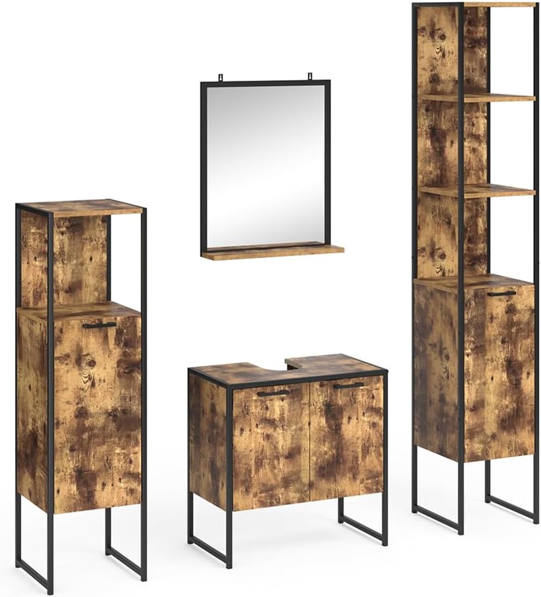 Luxe Badkamermeubelset Fyrk Deluxe – Eiken Rustiek/Zwart – 4-delige Set met Spiegelkast, Wastafelonderkast, Hoge Kast & Midi Kast – Industrieel Design – Metaal & Houtlook