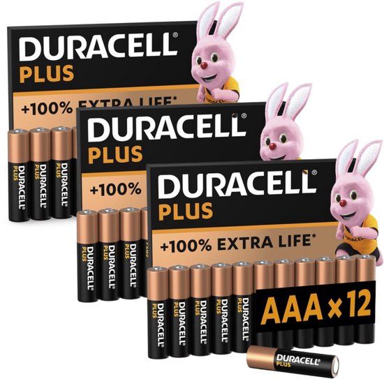 Piles alcalines Duracell Plus AAA - 1,5 V, LR03 - 36 pièces