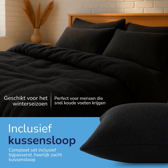 Decoware® Teddy Fleece Dekbedovertrek - Zwart - Lits-jumeaux - 240x220 cm + 2 Kussenslopen 60x70 cm - Dubbelzijdig - Heerlijk Warm van Merkloos — afbeelding 3
