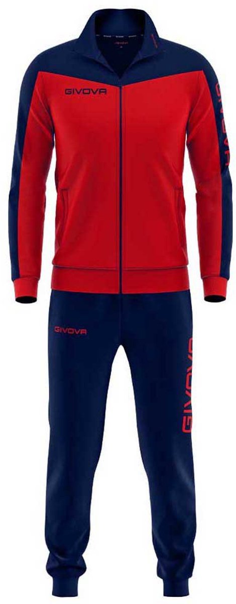Rood en navy trainingspak van GIVOVA met rits, logos en sportieve uitstraling, geschikt voor jongens.