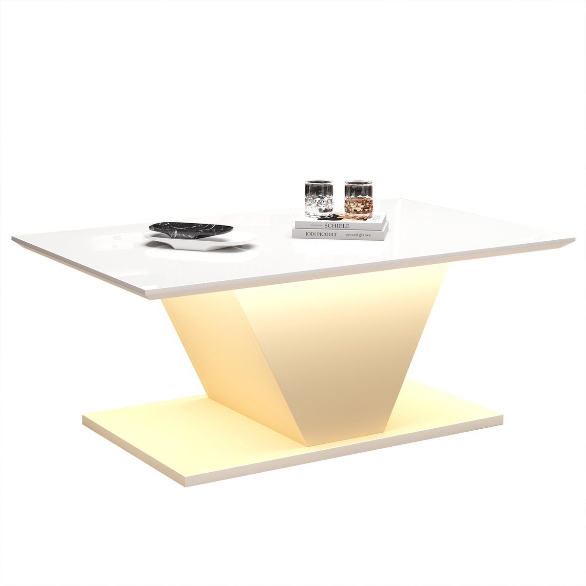 Merax Salontafel V-Vorm - Witte Hoogglans Koffietafel met LED Verlichting - Moderne Woonkamertafel - 100×50×46 cm - Design Bijzettafel