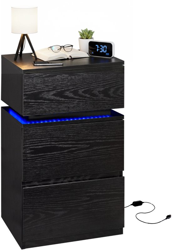 Casamoda Nachtkastje - H55 x B40 x D35 cm - 3 Lades - Verstelbare RGB LED-Verlichting Alle Kleuren - Draagkracht 110 kg - Modern Bijzettafel - Zwart