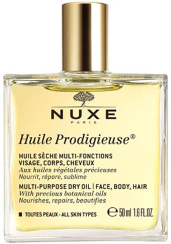 Glazen fles Nuxe Huile Prodigieuse multi-purpose dry oil met gouden dop, 50 ml.