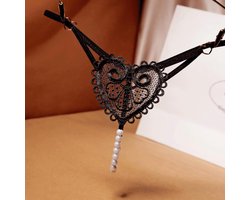 Navelketting Transparante damesslipjes Zoete onderbroek Open kruis T-rug Geborduurde sexy lingerie Sexy kralen T-rug Damesondergoed Zwarte taille (56-80cm)