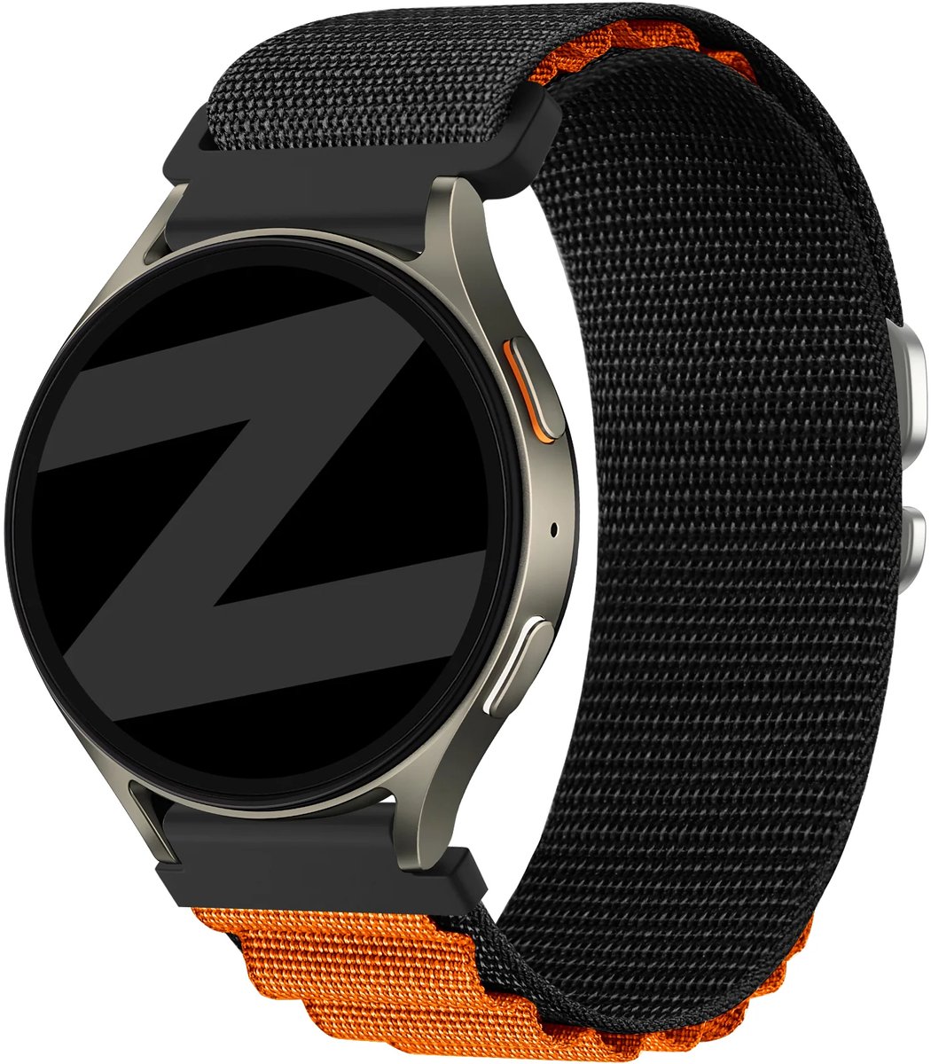 Bandz Alpine Nylon Horlogeband (Zwart/Oranje) – Stevig & Ademend Sportbandje – geschikt voor Samsung Galaxy Watch 7/6/5/4/FE/3/Active, Polar Pacer/Unite/Ignite & Amazfit GTS 1/2/3/4/Bip 3 Pro/U Pro – 20mm