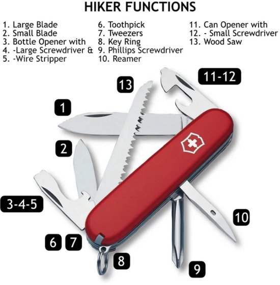 Couteau de poche moyen, 13 fonctions, rouge
