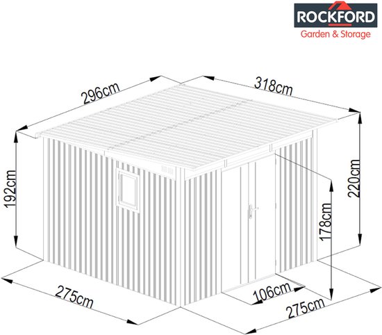 Rockford Porto 400 metalen tuinhuis met lessenaarsdak - Tuinschuur met centraal slot, polycarbonaat ramen en regenpijpen - 296 x 318 cm - Grijs