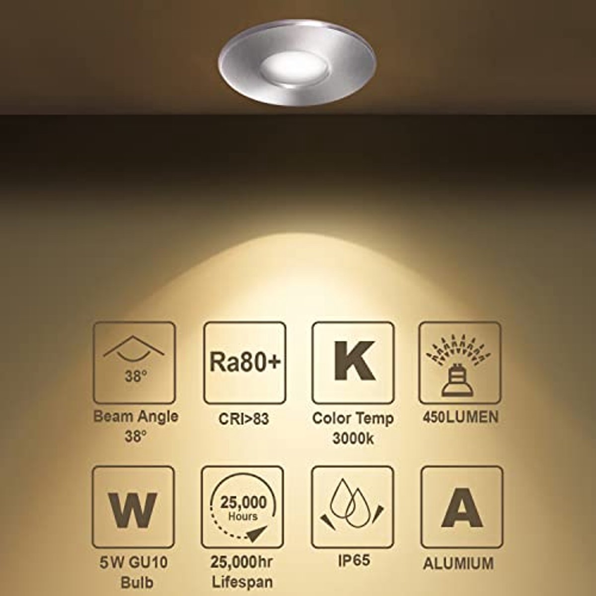 Waterdichte LED Downlight voor Badkamer en Keuken - 5W GU10 Plafondspots met Warm Wit Licht 3000K - Set van 4