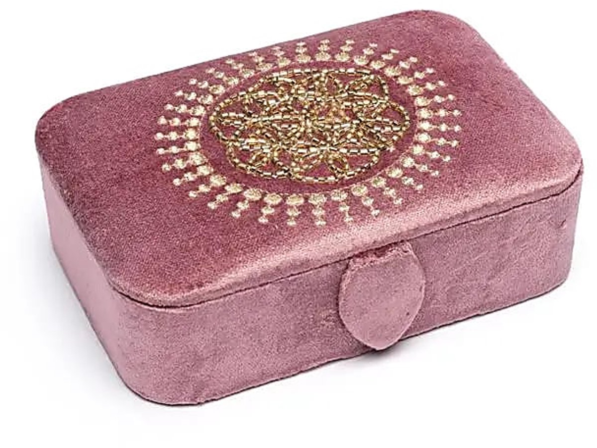 Sieraden / tarotdoos fluweel oudroze met Bloem des Levens – 11 cm x 15.5 cm x 5 cm