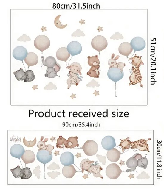 Dimensions du sticker mural 'Animaux sur ballons' : 80x51cm (taille reçue 90x30cm). Montre des animaux avec des ballons.