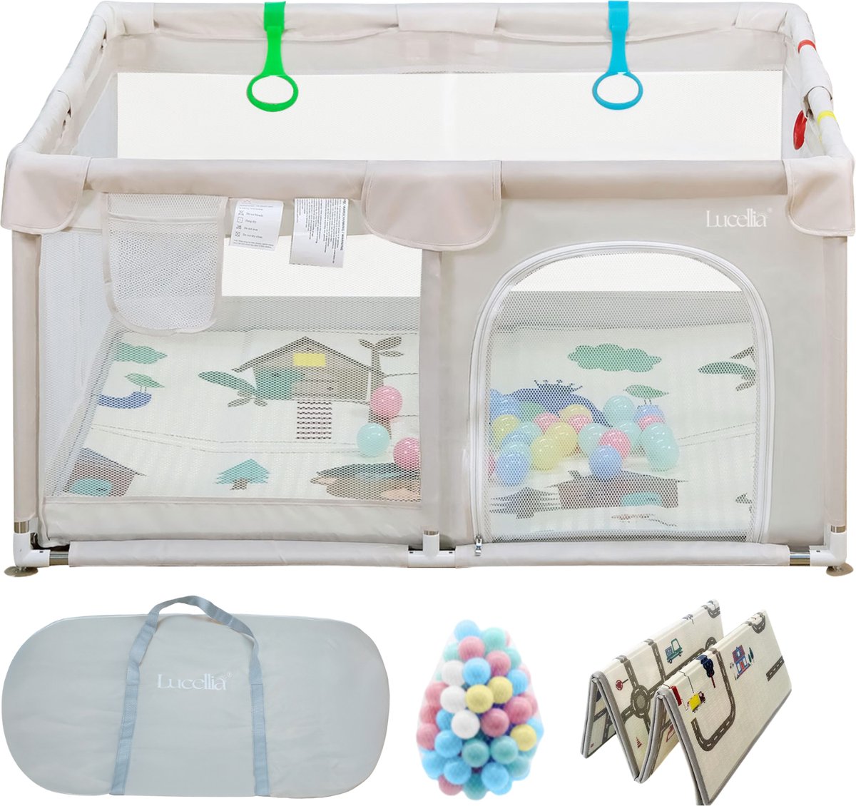 Lucellia® Grondbox Baby - Speelbox & Kinderbox – Inclusief Dubbelzijdige Speelmat & 30 Ballen & 4 optrek handgrepen – Beige – 120x120x66 cm