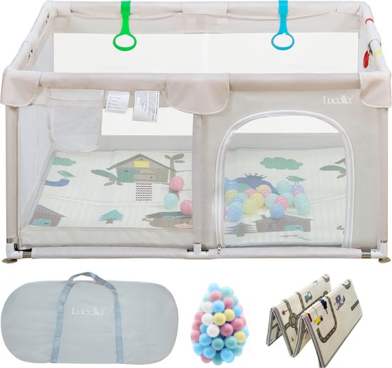 Lucellia® Grondbox Baby - Speelbox met Dubbelzijdige Speelmat & 30 Ballen - Kruipbox - Kinderbox - Babypark - Playpen Baby - 120x120x66 CM - Kleur Beige