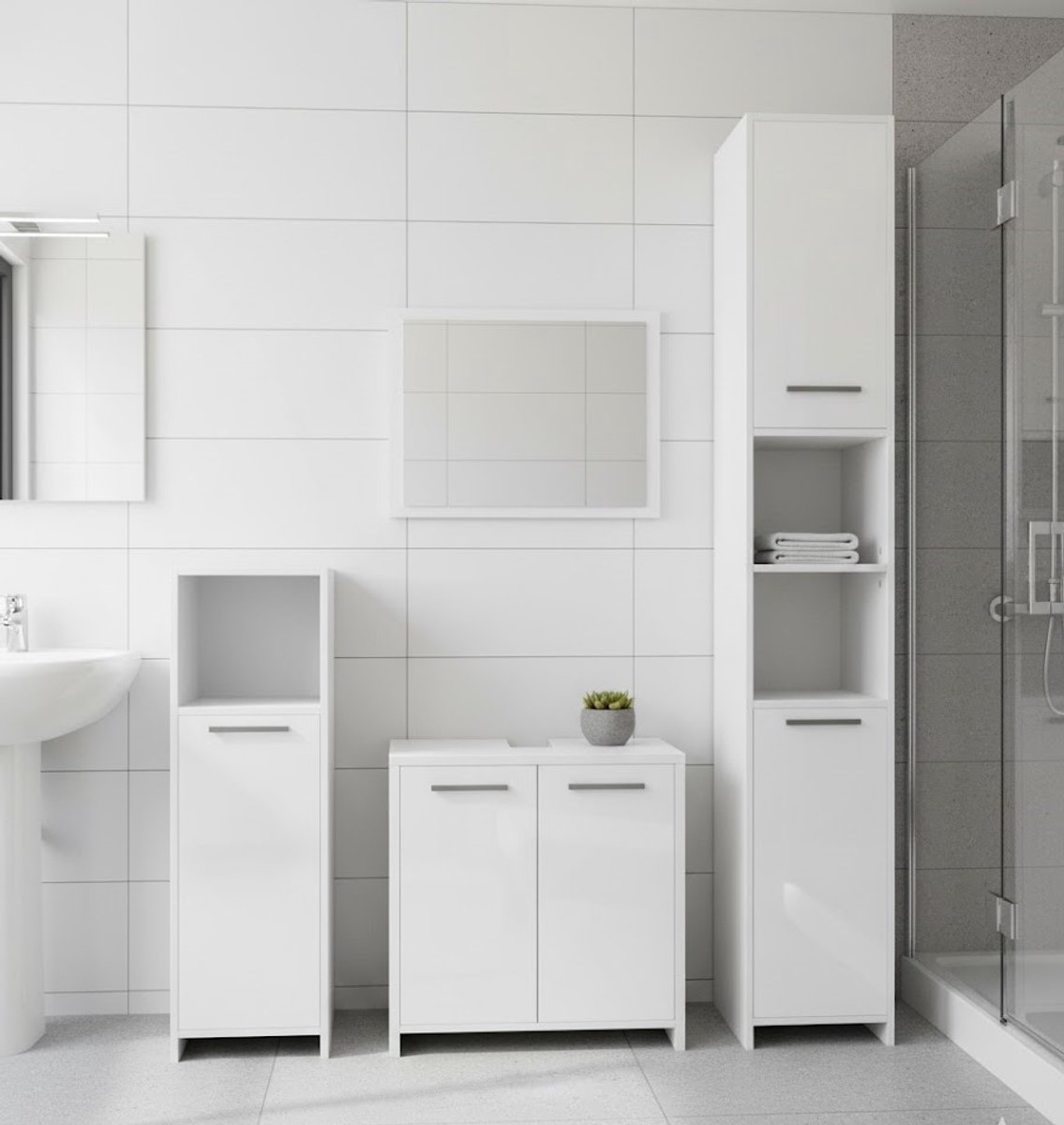 Luxe Badkamermeubelset "Kiko Deluxe" – 4-Delige Wit Hoogglans Badmeubelset met Spiegelkast, Midi Kast, Wasbak Onderkast & Wandkast – Moderne Opbergmeubelset voor Elke Badkamer