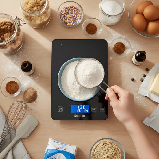 Lekro Digitale Precisie Keukenweegschaal – Weegschaal Keuken - 1gr-15kg – Tarra Functie - Zwart