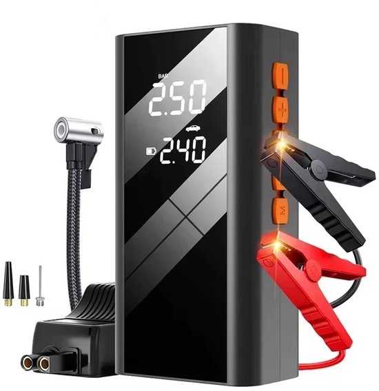 Démarreur de voiture EAFC 12 V avec compresseur - 1 500 A - Démarreur 3 en 1 avec batterie externe, lampe torche LED et éclairage d'urgence SOS - Câbles de démarrage avec batterie - Démarreur de secours