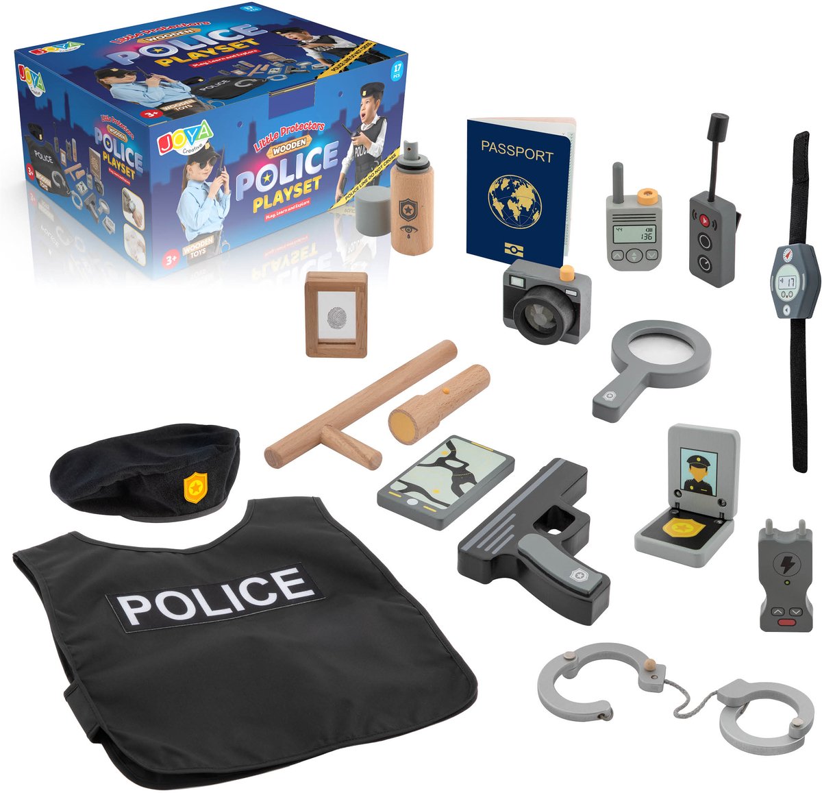 Politie Speelgoed 17pcs - Houten Speelgoed - Politie set - Carnaval Politie - Rollenspel voor Kinderen - Montessori speelgoed - politie pistool - Joya Creative