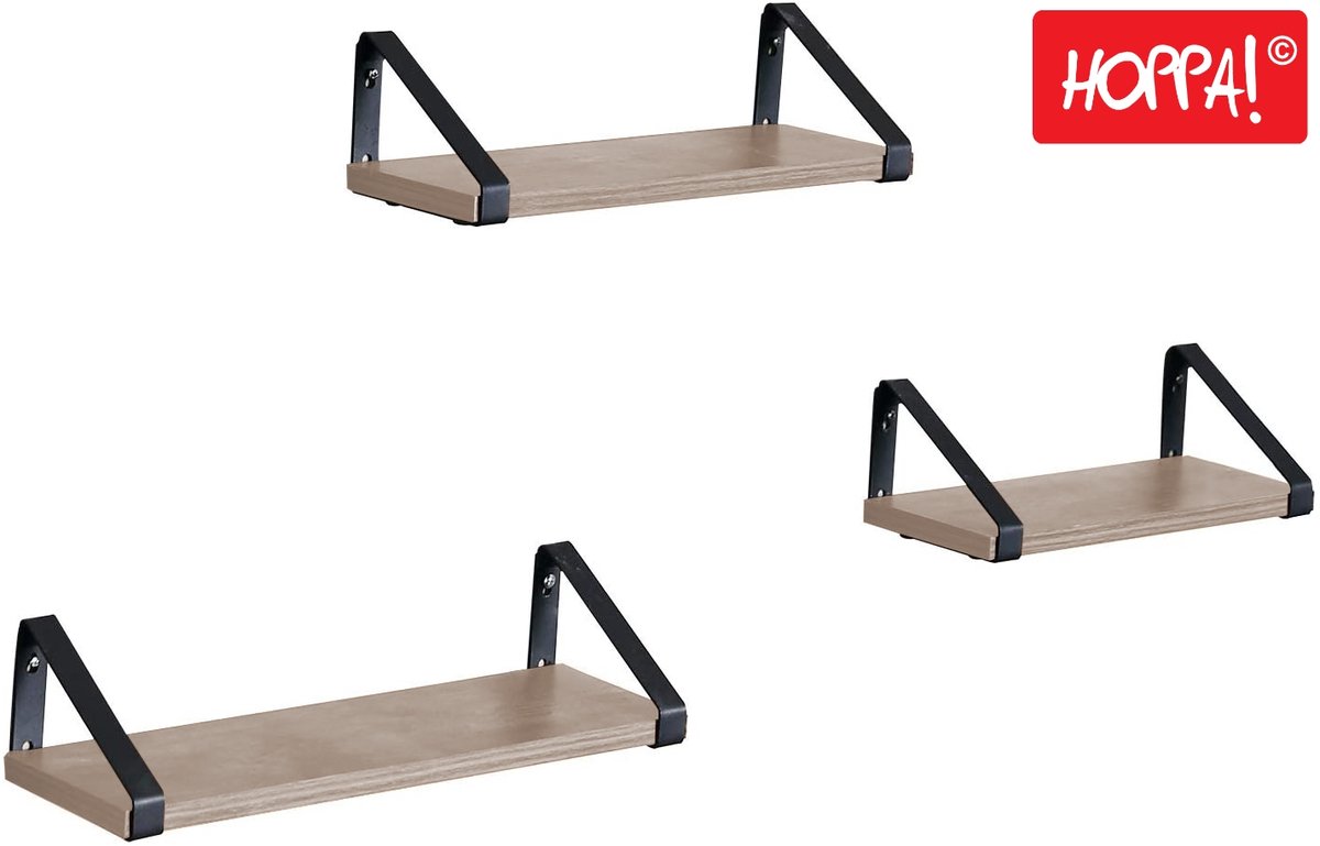 Hoppa! 3 Wandplanken - Zwart/Greige - Metaal - 40/35/30 x 12 x 11 cm (L x D x H)