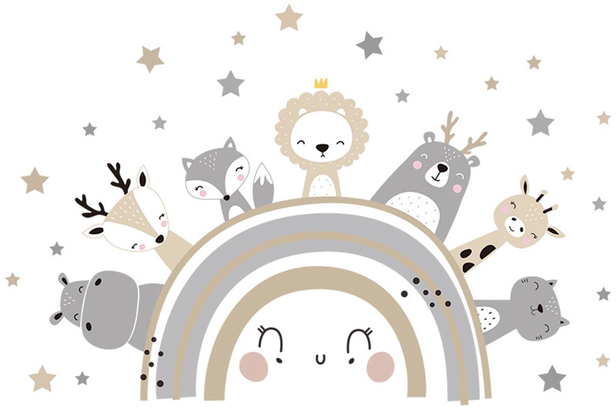 Wandsticker Dieren - Zelfklevende Dieren Decoratie voor Kinderkamer - 70x49 cm - Kleurrijke Muursticker met Dierfiguren voor Babykamer en Peuterruimte - Nijlpaard - Giraffe - Leeuw