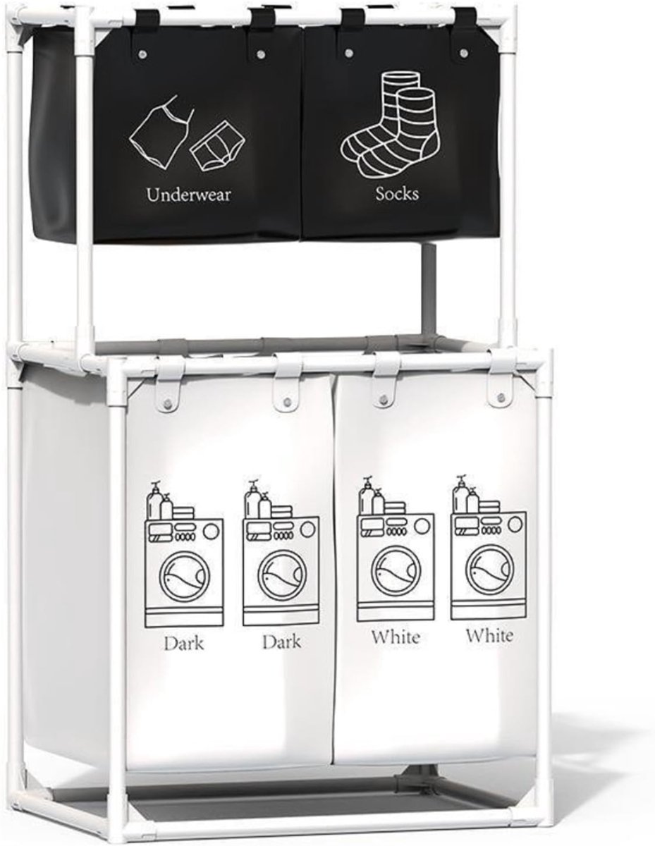 Wassorteerder 4 Vakken - Wasmand - 150L - Wit met Zwart