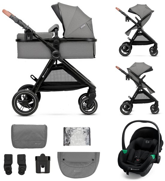 Kinderkraft ESME PRO 3-in-1 Kinderwagen – Beigekleurige multifunctionele combi met reiswieg, wandelwagen en autostoel - Grijs