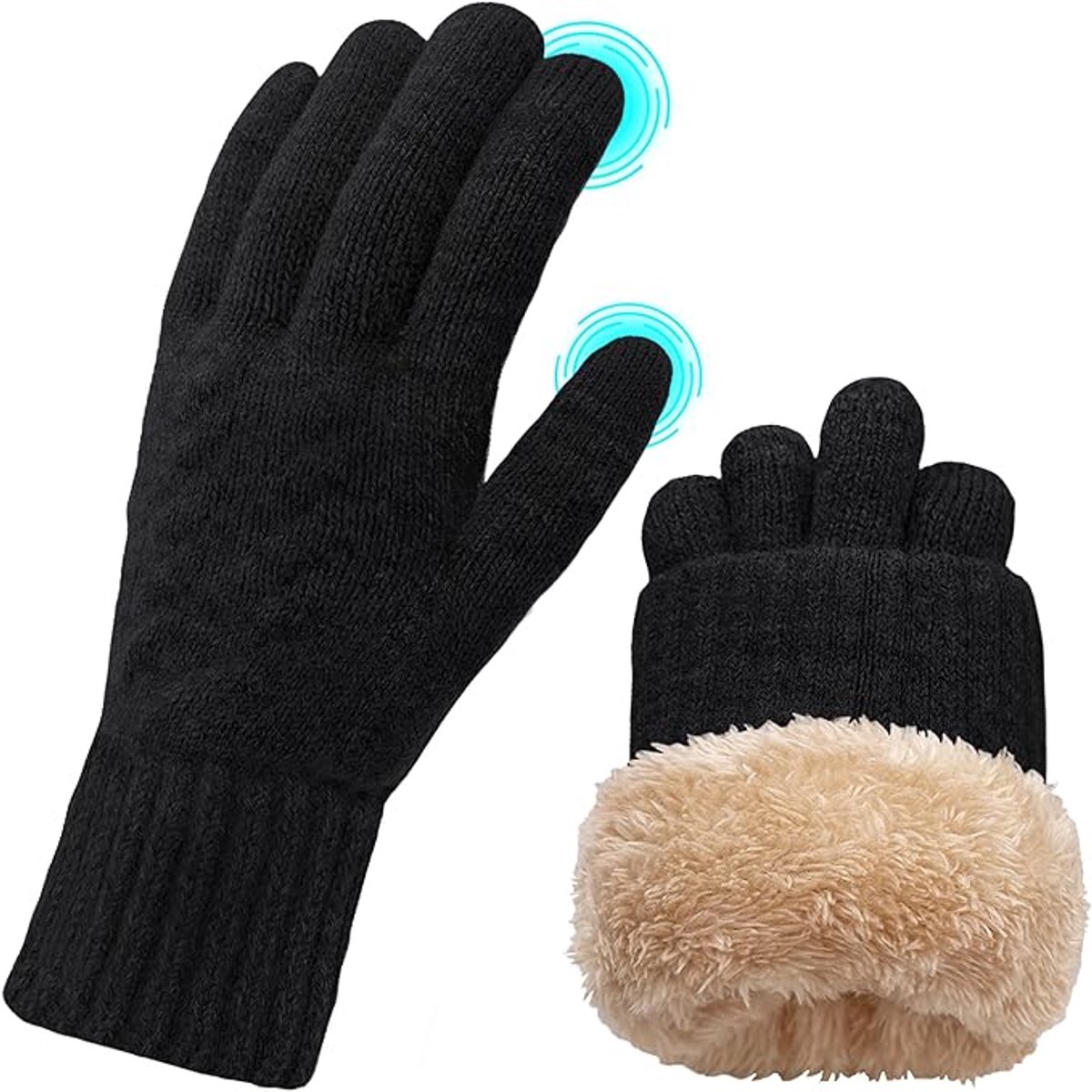Handschoenen - Winterhandschoenen - Pluche voor Warmte - Gebreide Handschoenen - voor Mannen en Vrouwen - Zwart - M