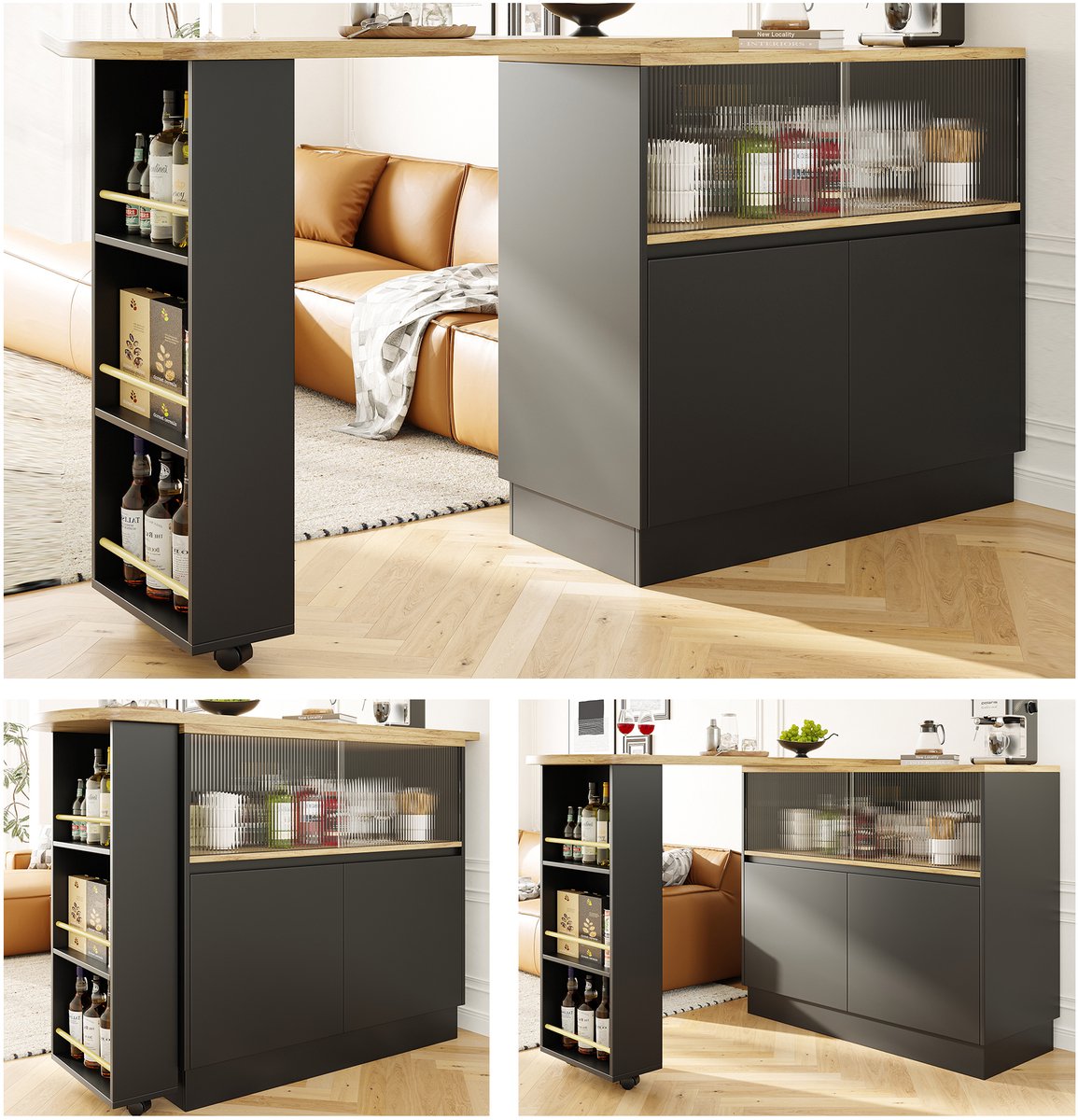 360° Draaibare Snackbar (90x45x100 cm) - Modern Zwart Draaisideboard met Planken & Glas - Voor Keuken en Eethoek