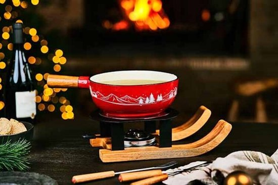 Gezellige Fonduepan met de Aspen Gietijzeren Fondueset - Rood - 22 cm - 6 vorkjes — afbeelding 4